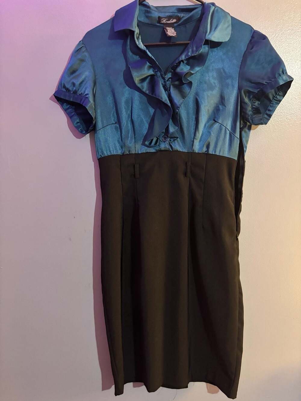 Roulette Y2K Satin Ruffle Top Black Pencil Dress 8